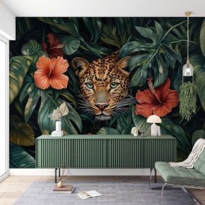 Egzotik Çiçekler ve Leopar Figürlü Modern Duvar Kağıdı YH-05092