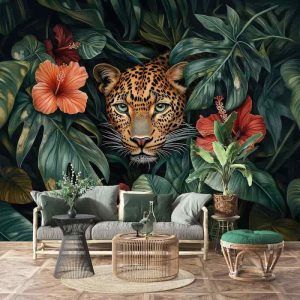 Egzotik Çiçekler ve Leopar Figürlü Modern Duvar Kağıdı YH-05092