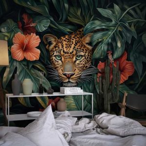 Egzotik Çiçekler ve Leopar Figürlü Modern Duvar Kağıdı YH-05092