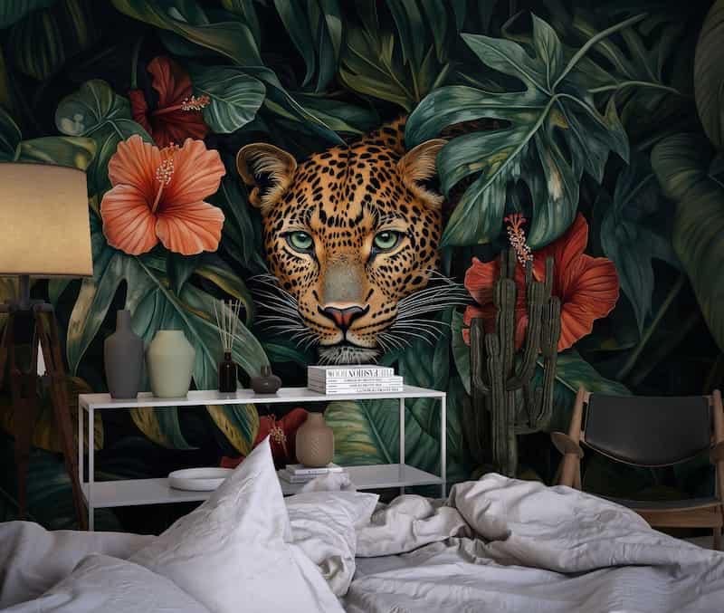 Egzotik Çiçekler ve Leopar Figürlü Modern Duvar Kağıdı YH-05092