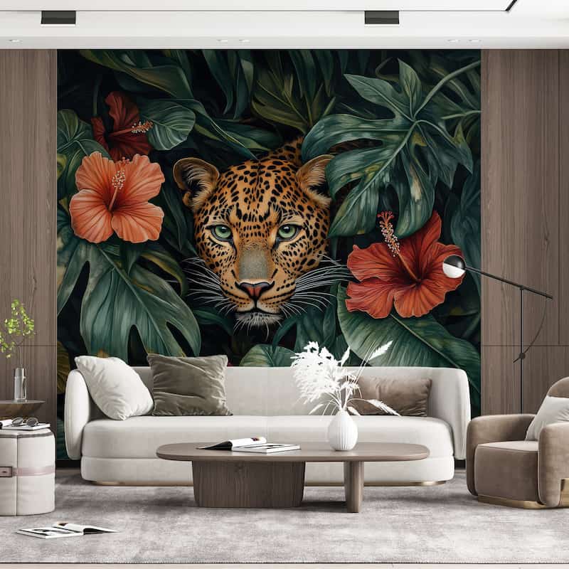 Egzotik Çiçekler ve Leopar Figürlü Modern Duvar Kağıdı YH-05092