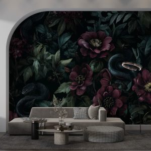 Gotik Tarz Koyu Yeşil Yapraklar ve Bordo Çiçekler Botanik Duvar Kağıdı YD-06002