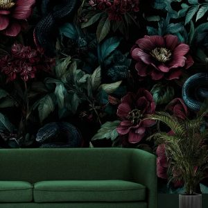 Gotik Tarz Koyu Yeşil Yapraklar ve Bordo Çiçekler Botanik Duvar Kağıdı YD-06002