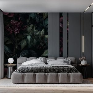 Gotik Tarz Koyu Yeşil Yapraklar ve Bordo Çiçekler Botanik Duvar Kağıdı YD-06002