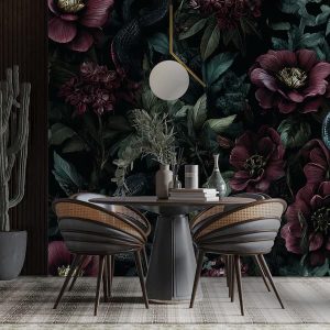 Gotik Tarz Koyu Yeşil Yapraklar ve Bordo Çiçekler Botanik Duvar Kağıdı YD-06002