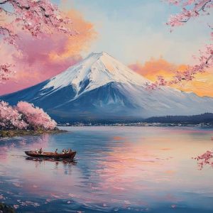 Japonya Fuji Dağı ve Sakura Çiçekleri Yağlı Boya Manzara Duvar Kağıdı