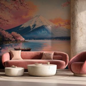 Japonya Fuji Dağı ve Sakura Çiçekleri Yağlı Boya Manzara Duvar Kağıdı