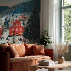 Kış Masalı Kasabası ve Yılbaşı Ağacı Desenli Çocuk Odası Duvar Kağıdı YM-06024