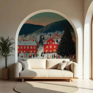 Kış Masalı Kasabası ve Yılbaşı Ağacı Desenli Çocuk Odası Duvar Kağıdı YM-06024