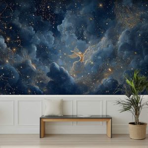 Lacivert Gece Gökyüzü ve Yıldız Haritası Desenli Astrolji Duvar Kağıtları YT-06031
