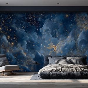 Lacivert Gece Gökyüzü ve Yıldız Haritası Desenli Astrolji Duvar Kağıtları YT-06031