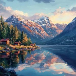 Norveç Dağ ve Göl Manzaralı Modern Duvar Kağıdı YD-05097
