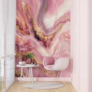 Pembe Mermer Desenli ve Altın Işıltılı Özel Tasarım Duvar Kağıdı YS-04058
