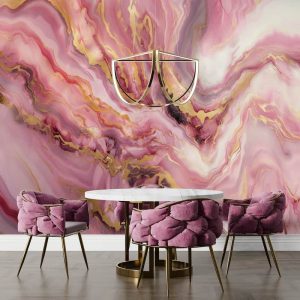 Pembe Mermer Desenli ve Altın Işıltılı Özel Tasarım Duvar Kağıdı YS-04058