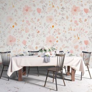 Pembe Papatyalar ve Kır Çiçekleri Desenli Salon Duvar Kağıdı YF-07036