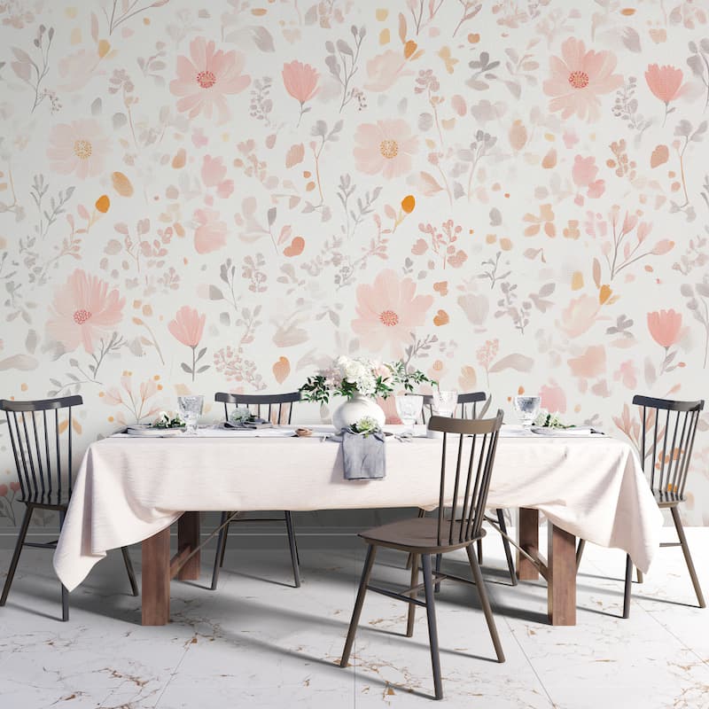 Pembe Papatyalar ve Kır Çiçekleri Desenli Salon Duvar Kağıdı YF-07036