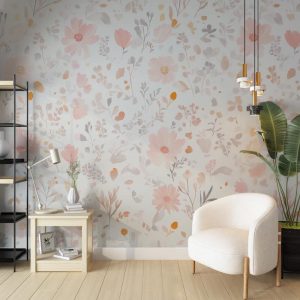 Pembe Papatyalar ve Kır Çiçekleri Desenli Salon Duvar Kağıdı YF-07036