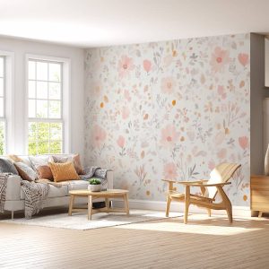 Pembe Papatyalar ve Kır Çiçekleri Desenli Salon Duvar Kağıdı YF-07036
