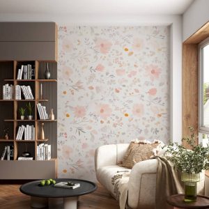 Pembe Papatyalar ve Kır Çiçekleri Desenli Salon Duvar Kağıdı YF-07036