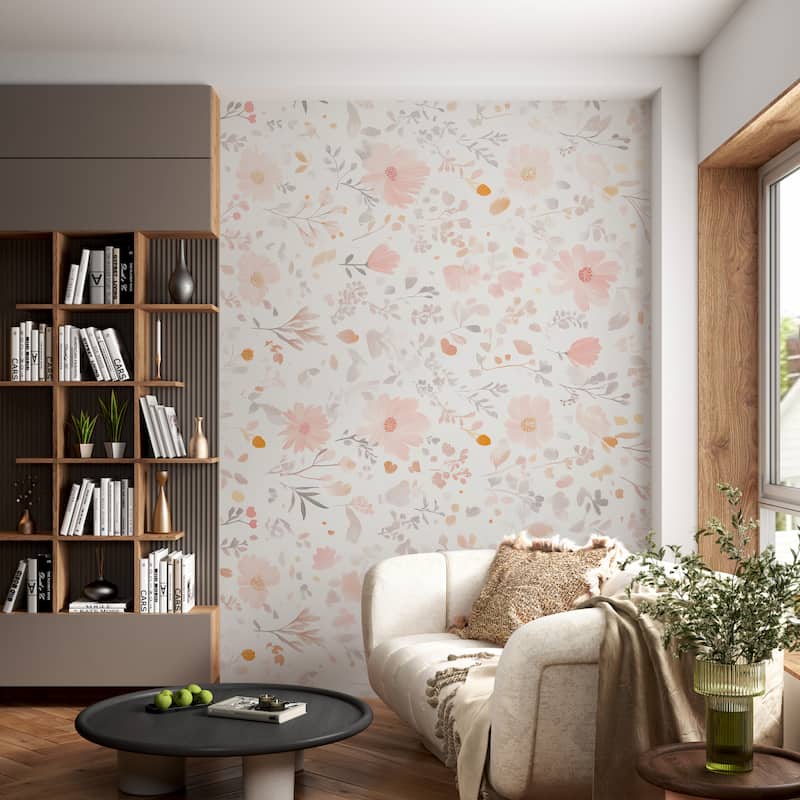 Pembe Papatyalar ve Kır Çiçekleri Desenli Salon Duvar Kağıdı YF-07036