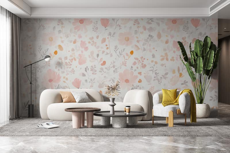 Pembe Papatyalar ve Kır Çiçekleri Desenli Salon Duvar Kağıdı YF-07036