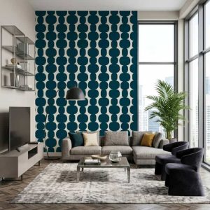 Petrol Mavisi Geometrik Desenli Modern Salon Duvar Kağıdı YDT-04053
