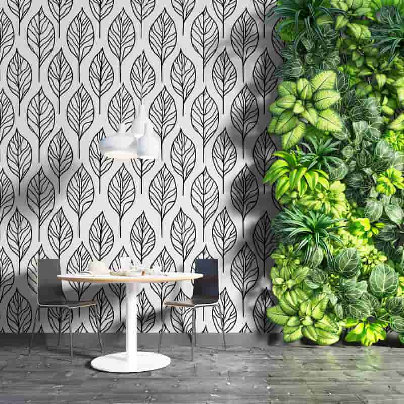 Siyah Beyaz Büyük Yaprak Desenli Modern Salon Duvar Kağıdı YF-07041