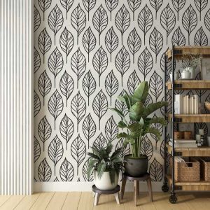 Siyah Beyaz Büyük Yaprak Desenli Modern Salon Duvar Kağıdı YF-07041
