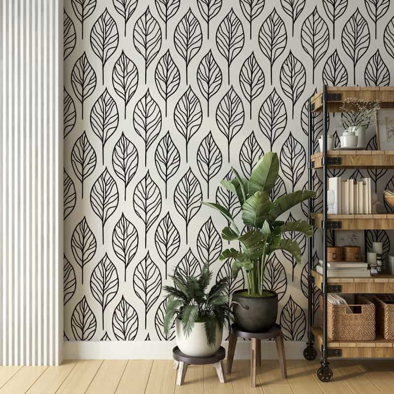 Siyah Beyaz Büyük Yaprak Desenli Modern Salon Duvar Kağıdı YF-07041