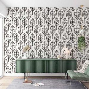 Siyah Beyaz Büyük Yaprak Desenli Modern Salon Duvar Kağıdı YF-07041