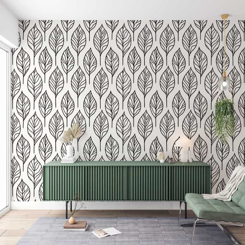 Siyah Beyaz Büyük Yaprak Desenli Modern Salon Duvar Kağıdı YF-07041