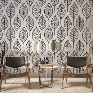 Siyah Beyaz Büyük Yaprak Desenli Modern Salon Duvar Kağıdı YF-07041