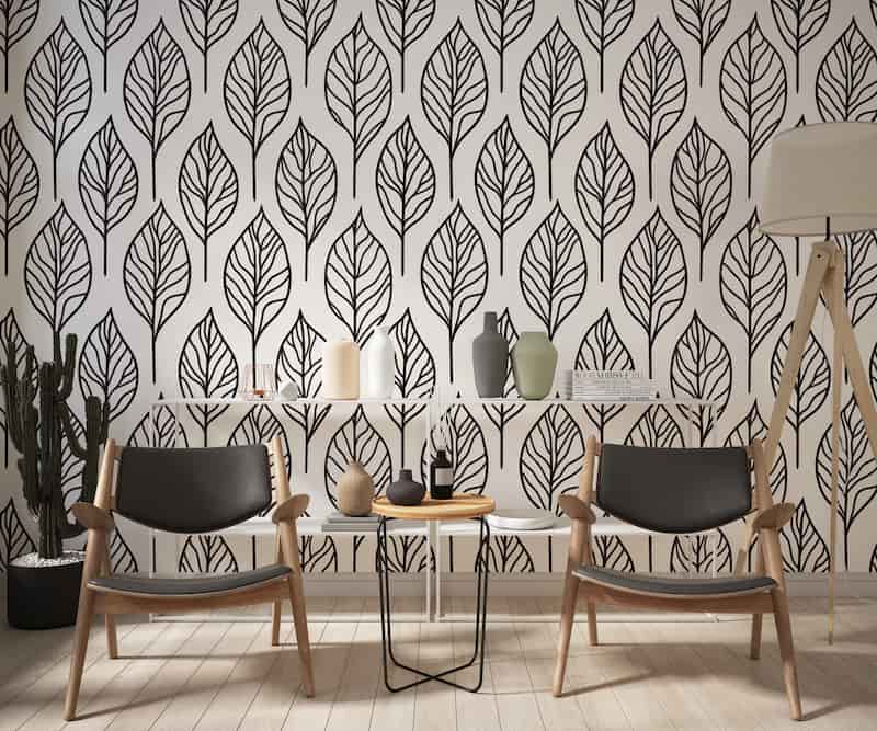 Siyah Beyaz Büyük Yaprak Desenli Modern Salon Duvar Kağıdı YF-07041