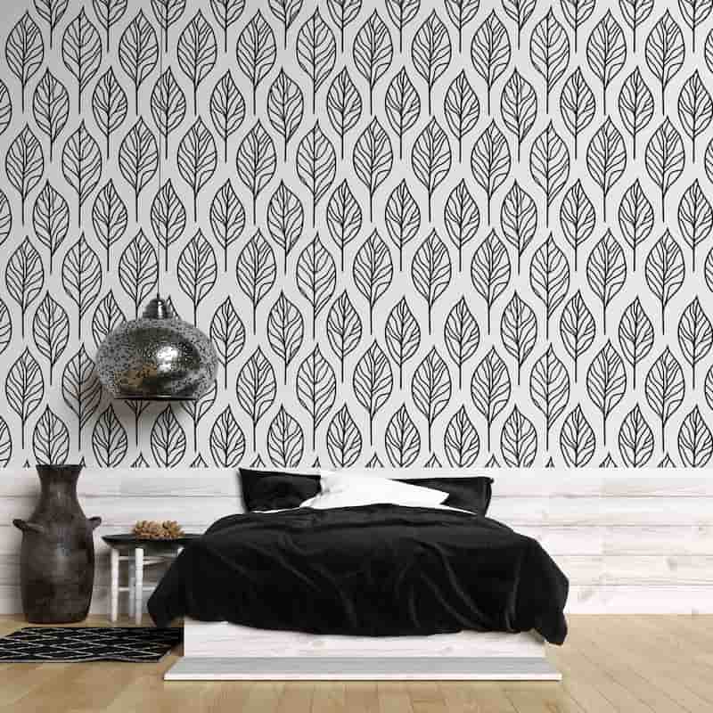 Siyah Beyaz Büyük Yaprak Desenli Modern Salon Duvar Kağıdı YF-07041