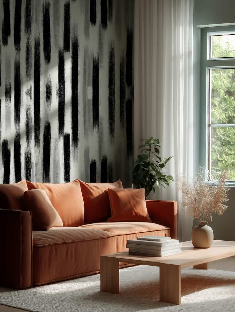 Siyah Beyaz Soyut Fırça Darbeli Modern Desenli Salon Duvar Kağıtları YMO-06013