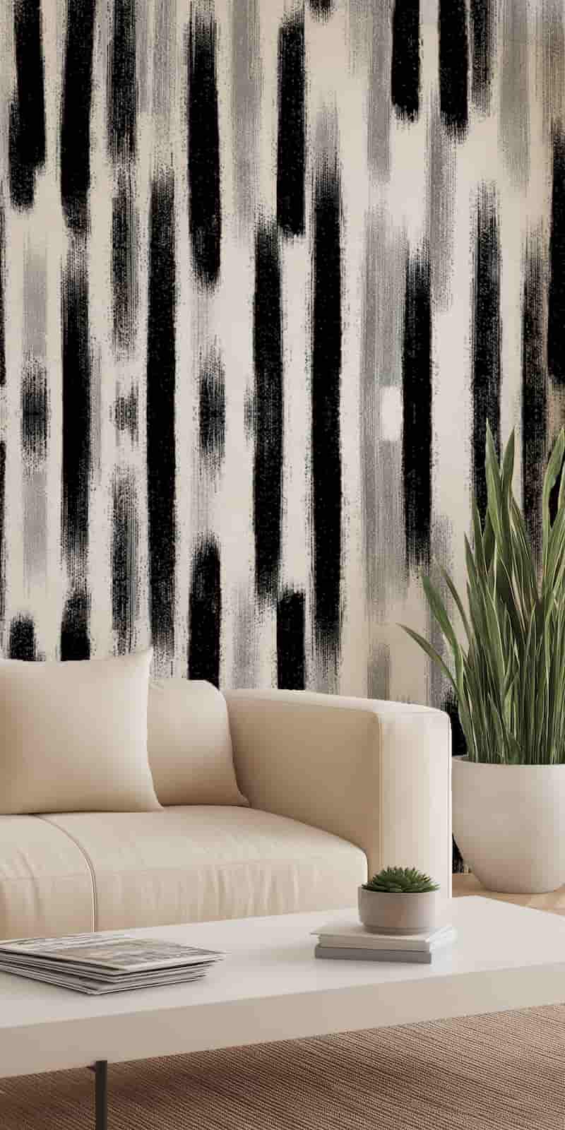 Siyah Beyaz Soyut Fırça Darbeli Modern Desenli Salon Duvar Kağıtları YMO-06013