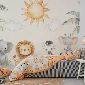 Sulu Boya Efektli Sevimli Safari Hayvanları Desenli Bebek Odası Duvar Kağıdı YCO-07011