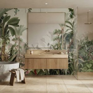 Tropikal orman manzaralı banyo duvar kağıdı, egzotik bitkiler ve doğal peyzaj desenli modern banyo duvar dekorasyonu.