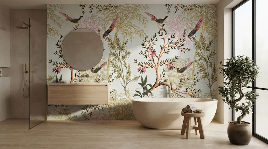 Kuş ve çiçek desenli duvar kağıdı, botanik bahçe temalı banyo duvar kağıdı, zarif çiçekli ve kuş figürlü modern duvar dekorasyonu.