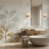 Banyo için tropikal yaprak desenli duvar kağıdı, palmiye ve egzotik bitkilerle spa atmosferi oluşturan modern duvar dekorasyonu.