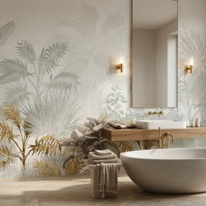 Banyo için tropikal yaprak desenli duvar kağıdı, palmiye ve egzotik bitkilerle spa atmosferi oluşturan modern duvar dekorasyonu.
