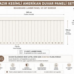Amerikan Duvar Paneli Seti ölçüleri, 21 adet lambri panel ve üst bordür teknik çizimi