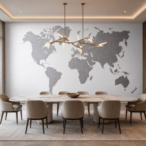 Modern yemek alanı için dünya haritası duvar kağıdı, gri tonlarda minimalist harita desenli duvar dekorasyonu.