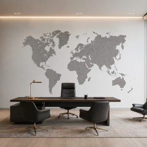 Ofis dekorasyonu için minimal dünya haritası duvar kağıdı, gri dünya haritası desenli modern özel ölçü duvar kağıdı.