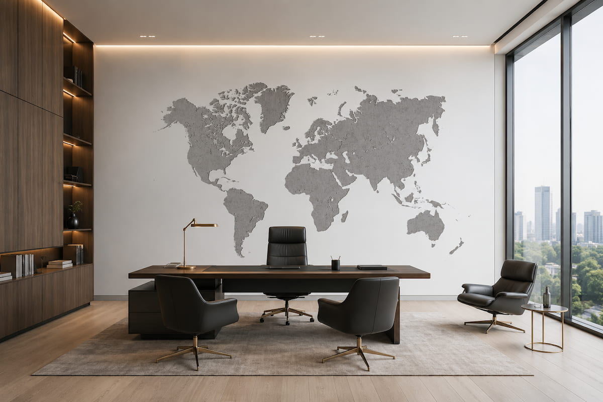 Ofis dekorasyonu için minimal dünya haritası duvar kağıdı, gri dünya haritası desenli modern özel ölçü duvar kağıdı.