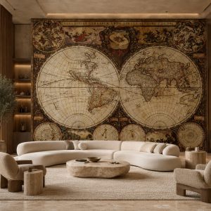 Salon dekorasyonu için vintage dünya haritası duvar kağıdı, dekoratif atlas haritası desenli özel ölçü duvar kağıdı.