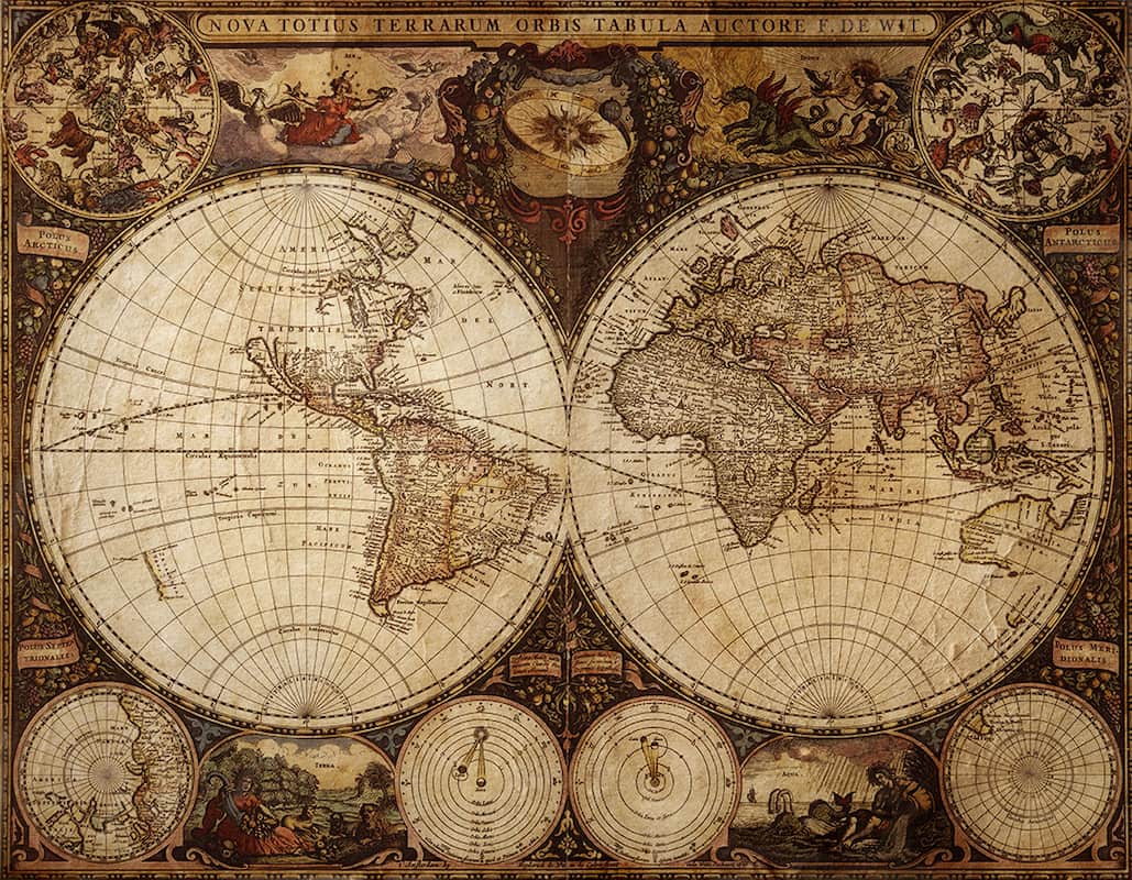 Antik dünya haritası duvar kağıdı, çift yarım küre atlas tasarımlı vintage kartografi desenli özel ölçü duvar kağıdı.