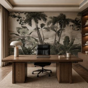 Ofis için tropikal palmiye ve göl manzaralı duvar kağıdı, modern botanical mural ve doğal peyzaj duvar dekorasyonu.