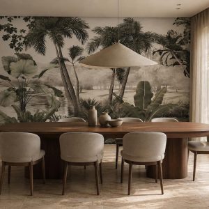 Yemek odası için tropikal göl manzaralı duvar kağıdı, palmiye ağaçları ve lüks botanical wall mural dekorasyonu.