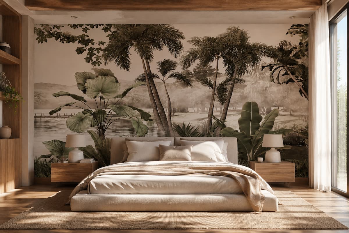 Yatak odası için tropikal palmiye duvar kağıdı, göl manzarası ve doğal botanical mural tasarımı.